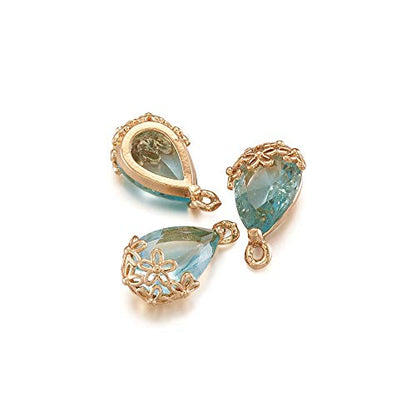 FASHEWELRY 50Pcs Faceted Transparent Glass Teardrop Pendants Crystal Glass Dangle Oval Drop Bead Charms with Golden Flower Open Back Settings for Jewelry Craft Making - color: Light Green