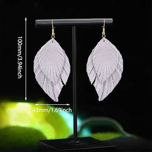 Handmade Bohemian Large Soft Genuine Leather Fringe Double Feather Dangle Drop Earrings Lightweight Simple Color PU Leaf Hook Earrings for Women - color: Purple