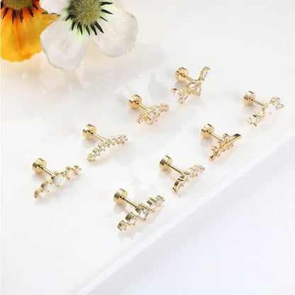 8Pcs Stainless Steel 16G Conch Piercing Jewelry Helix Cartilage Earrings | Flower Opal CZ Stud Earrings Set with Flat Back for Women, 18K Gold Plated, Silver, Rose Gold - color: Gold