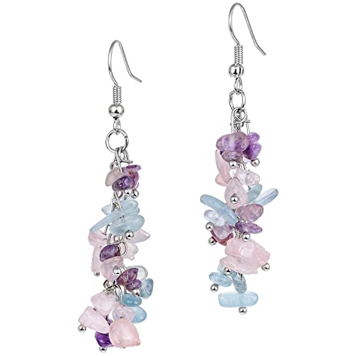 Nupuyai Natural Tumbled Stones Earrings for Women, Reiki Healing Crystal Long Dangle Hook Eardrop - color: #9-Purple & Blue & Pink