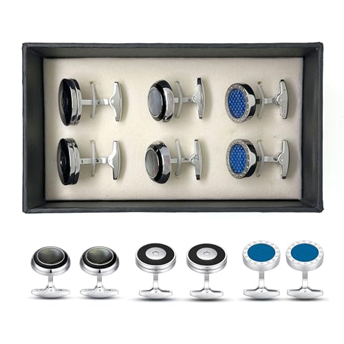 Cufflinks for Men, Stainless Steel Classic Black Pearl, Blue Carbon Fiber CuffLinks men's accessories, Great Gift for Father, Husband - style: 3 pairs-A