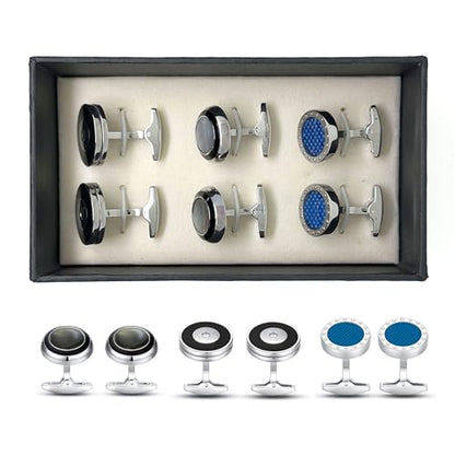 Cufflinks for Men, Stainless Steel Classic Black Pearl, Blue Carbon Fiber CuffLinks men's accessories, Great Gift for Father, Husband - style: 3 pairs-A