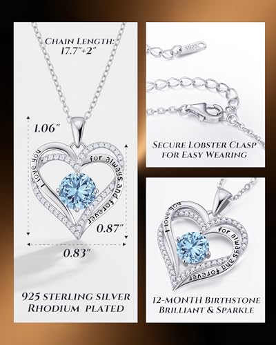 CDE S925 Silver Engraved Forever Love Heart Birthstone Necklaces for Women | 5A CZ,Hypoallergenic,Nickel-Free & Lead-Free Pendant,Anniversary Christmas Wedding Birthday Gift for Wife Girlfriend - color: 03-Mar, style: White Gold Plated