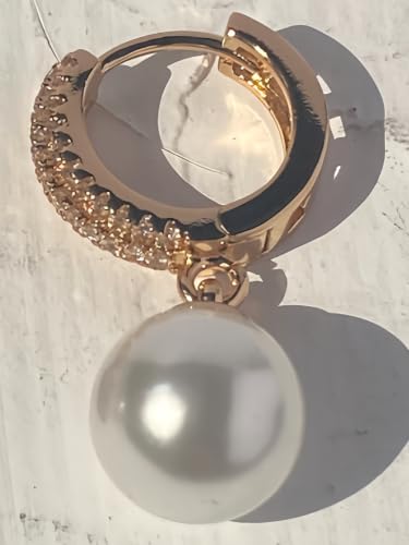 Pearl Drop Hoop Earrings for Women, Gold Plated CZ Pearl Dangle Earrings, 10mm Shell Pearl, Elegant Dainty Earrings for Office Date Night