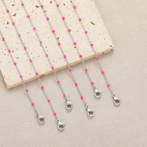 6 PCS Enamel Beaded Chains Bracelet Stainless Steel Link Bracelets | 6.7"+1.18", With Extender Chain, Fashion Jewelry Set, Gift For Women, Colorful, No Fade - color: Rose Silver