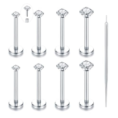 Oveta Threadless Push in Lip Rings 16G/18G/20G Labret Jewelry CZ Lip Studs Stainless Steel Cartilage Earrings for Women Monroe Medusa Piercing Jewelry 6/7/8/10/12mm Bar Length - color: Silver, size: 18G*10mm bar*1.5/2/2.5/3mm cz