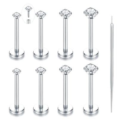 Oveta Threadless Push in Lip Rings 16G/18G/20G Labret Jewelry CZ Lip Studs Stainless Steel Cartilage Earrings for Women Monroe Medusa Piercing Jewelry 6/7/8/10/12mm Bar Length - color: Silver, size: 18G*10mm bar*1.5/2/2.5/3mm cz