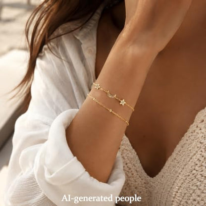 16K Gold Plated Bracelets Set for Women - Dainty Layered Adjustable Hand Chain Bracelet with Cubic Zirconia, Cute Jewelry Gift for Her, Waterproof Hypoallergenic - color: Moon and Star