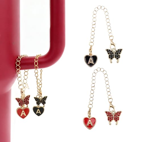 2Pcs Letter Charm Accessories for Stanley Cup,Name ID Initial Letter for Stanley 30&40 oz Tumbler with Handle,Heart Shape & Four Leaf Clover Initial Personalized Identification Charms Chain - color: Black&Red-A