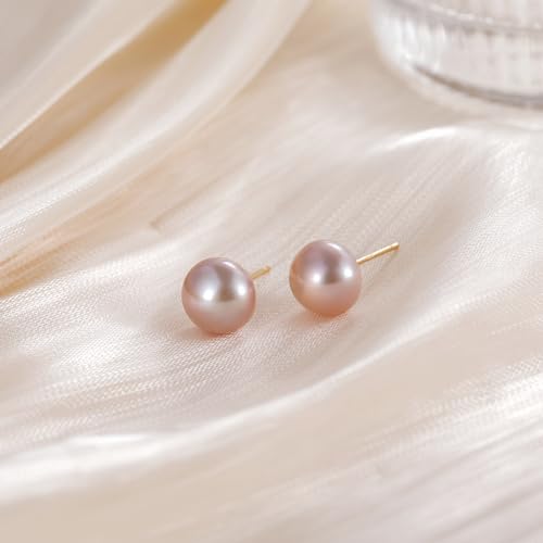 EAMTI Pearl Earrings for Women Trendy 18K Gold Plated Sterling Silver Freshwater Cultured Pearl Stud Earrings Hypoallergenic 5.5-9.5MM - color: Pink-purple, size: 8.6-9.5mm