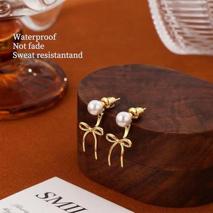 Gold Silver Pearl Earrings for Women - Hoop Earrings for Women Trendy 14K Gold Plated/Silver Twist Rope Bow Stud Bow Pearl Huggie Earring Hoops Pearls Dangle Cubic Zirconia Earring Jewelry Gift Womens - color: Gold bow
