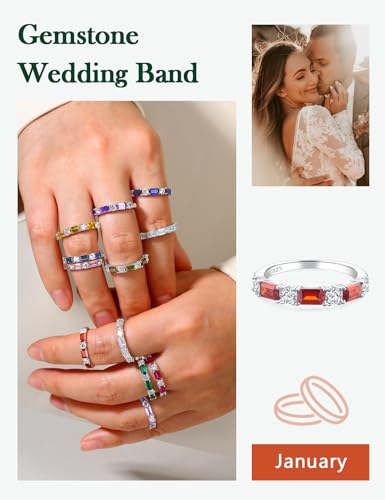 3.5mm Half Eternity Band Sterling Silver Rings for Women Sapphire/Ruby/Emerald and Cz Wedding Bands 7 Stone Stackable Birthstone Ring Anniversary Jewelry Size 6-10 - color: 01-Garnet-Jan.