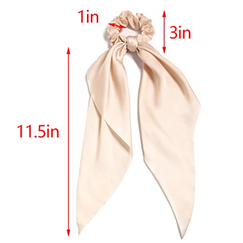 Hair Scarf Scrunchies for Women, LFOUVRE Scarf Scrunchies, 2pcs Knotted Scarf Hair Ties for Girls,Silky Satin Hair Scarf Headband, Elastic Hair Bands Ribbon Scrunchy, Ponytail Holder Hair Accessories - color: Beige