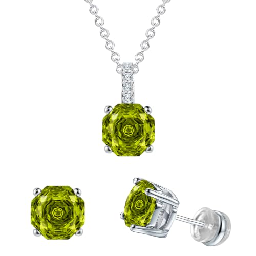 Rose Cut Silver Solitaire Necklace and Earring Set for Women, Jewelry Gift | Rose Cut, Cubic Zirconia, Necklace and Stud Earrings Set, Jewelry Set, Minimalist - color: Peridot Green