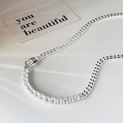 IMBOS 14K Gold Plated Chunky Chain Choker Necklaces for Women Chunky Gold Necklace Tennis Necklace for Women CZ Love Chain Cuban Link Choker Jewelry Gifts - color: Silver-Chunky Tennis