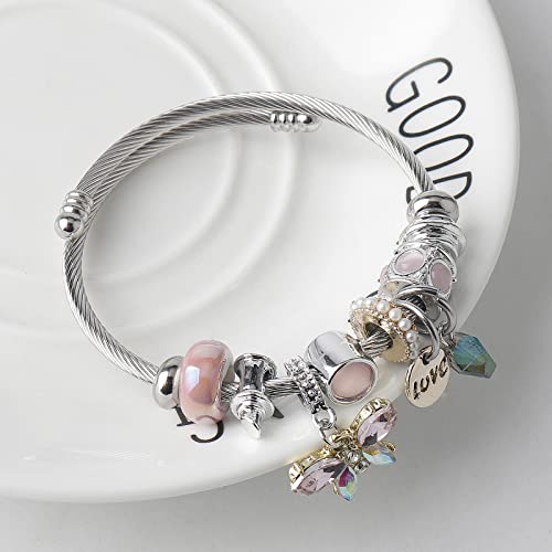 DS Charm Bracelets for girls,exquisite cute cartoon friendship bracelets Silver Stainless Steel Bangle with birthday Gift box, Adjustable girls jewelry Suitable for holiday gifts - style: Silver-pink butterfly