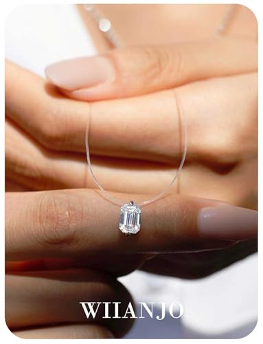 Teardrop 925 Silver CZ Floating Pendant Necklace 16 Inch Cubic Zirconia Invisible Necklace, Hypoallergenic, Jewelry Gifts for Women Anniversary Birthday - color: Emerald Square-Shaped