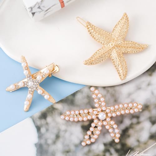 PAGOW 3 PCS Starfish Hair Clips, 3 Styles Gold Rhinestone Pearls Hair Clips, Faux Pearl Crystal Sea Star Wedding Headpiece Hair Accessories For Women Bride - color: 3pcs-gold,style3