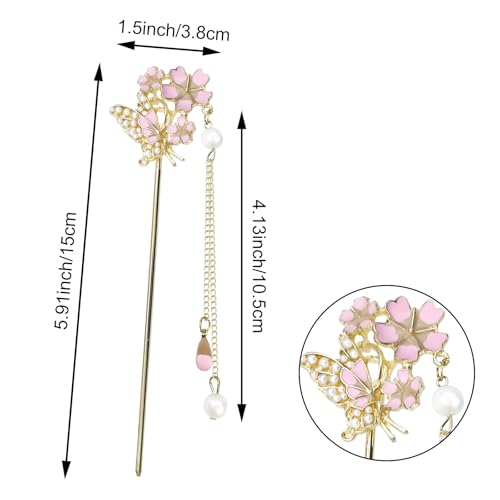 6Pcs Chinese Hair Sticks Set Pink Chinese Hair Sticks with Pearl, Butterfly & Flower Design, Japanese Hair Pin, Traditional Asian Hairpins for Bun Updo - color: 6pcs Pink