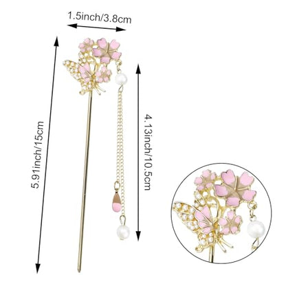6Pcs Chinese Hair Sticks Set Pink Chinese Hair Sticks with Pearl, Butterfly & Flower Design, Japanese Hair Pin, Traditional Asian Hairpins for Bun Updo - color: 6pcs Pink