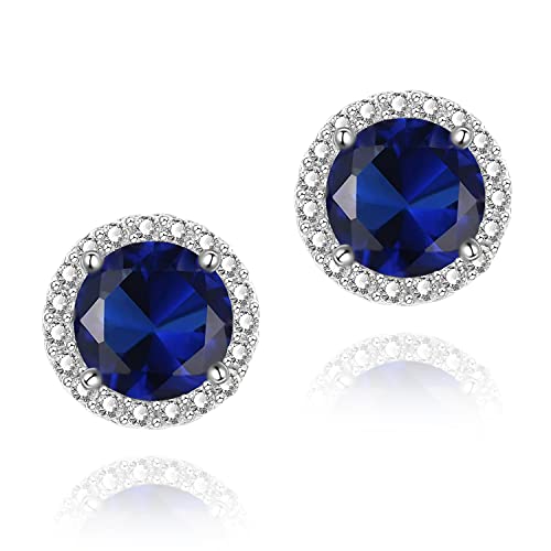 YOMELA Round Cubic Zirconia Stud Earrings for Women | Everyday Dainty, Diamond-Like Brilliance, CZ Halo Birthstone Studs, Hypoallergenic & Lightweight, Elegant & Versatile - color: Blue