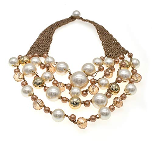utop JNF Hand made Pearl Statement Necklace for Women Rhinestone Multilayer Crystal Necklaces Chunky Pearl Necklace Large Pearl Necklace and Earrings Set for Mother Mom's gift - color: champagne pearl necklace 5layers