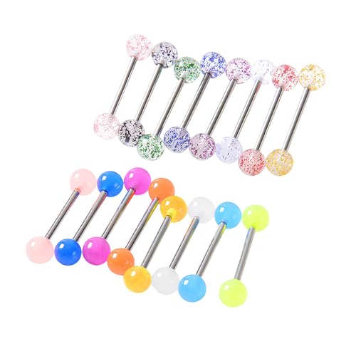 FORUBUS Colorful Tongue Rings Nipple Rings for Women Body Piercing Jewelry 14G 16mm Pierced Barbells Body Jewelry 50Pcs/30Pcs/20Pcs Pack - color: E-16pcs glow steel