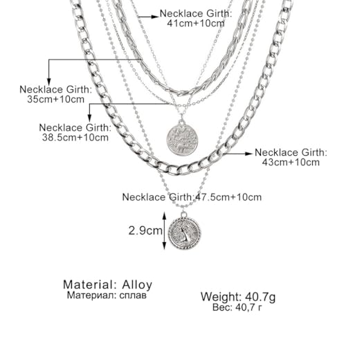 GIGB PBDK Chunky Layered Coin Pendant Necklaces for Women Gold Cuban Link Chain Statement Necklaces Punk Halloween Bachelor Party Holiday Vacation Accessory - color: Silver
