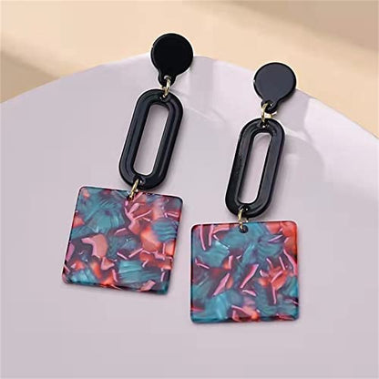 MALOYANVE Acrylic Earrings for Women Trendy Fashion Bohemian Retro Multicolor Mottled Resin Lightweight Geometric Hollow Dangle Drop Statement Post Earrings - color: Blue Square