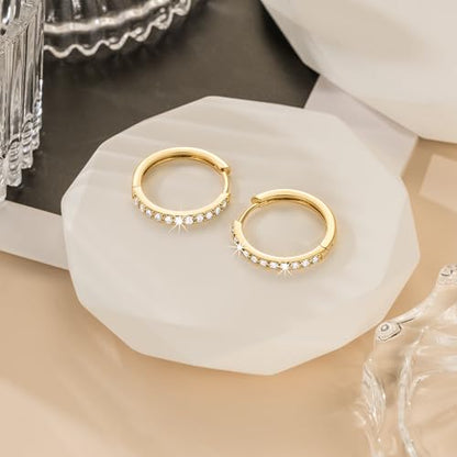 NEARLAND 14K Gold Hoop Earrings for Women 14K Gold Earrings for Women | Small Gold Hoop Earrings for Women Round Cubic Zirconia Lightweight Gold Huggie Hoop Earrings for Women 12/14/16/20/25/30mm - size: 20mm