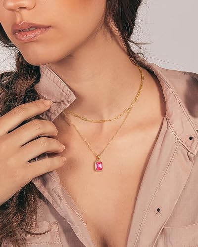 Gold Layered Necklaces for Women, 18k Gold Plated Crystal Necklace Paperclip Choker Emerald Green Jewelry for Women Gifts - color: Pink
