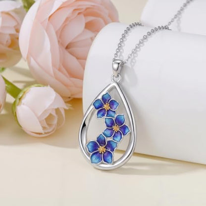 12 Month Birth Flower Necklace for Women 925 Sterling Silver Floral Teardrop Pendant Birthday Jewelry Gifts - color: 07. July Larkspur