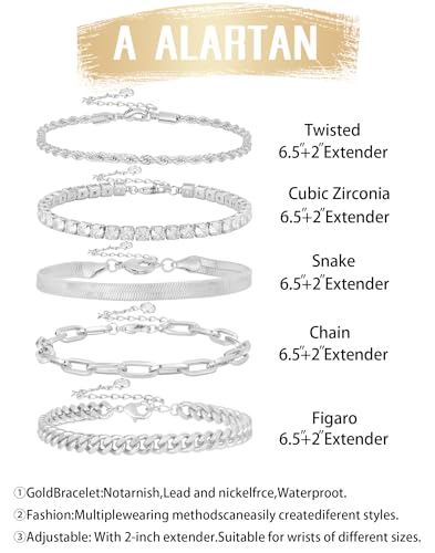 Gold Bracelets for Women 14K Gold Plated Stack Trend Bracelets Charm Paperclip Chain Cuban Link Layered Waterproof Bracelet Dainty Bracelet for Women Jewelry Gifts - color: 5Pcs Silver