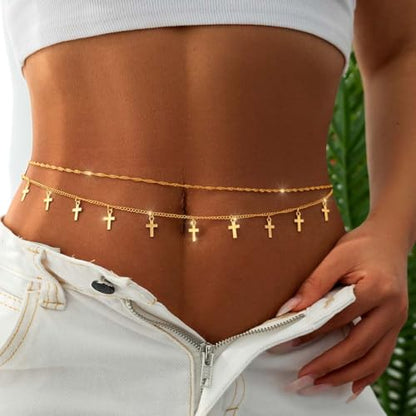 Tgirls Gold Waist Chain for Women Rhinestone Layered Belly Chains Beads Body Chain Heart-Shaped Beach Body Jewelry for Summer - style: Cross