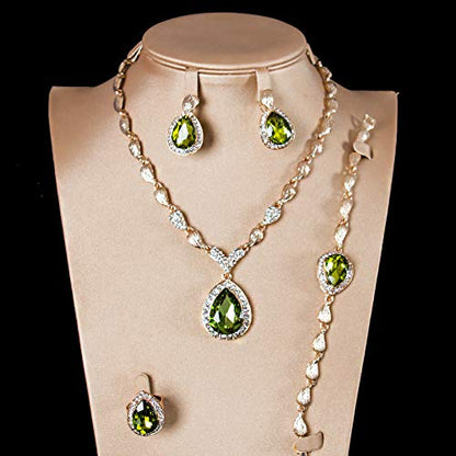 Womens Luxury Africa Dubai 18k Gold Plated Jewelry Sets Wedding Rhinestone Crystal Bib Statement Necklace Earrings Set for Brides Party Prom - color: Green