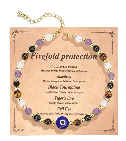ROYONE Evil Eye Bracelets - 5 Healing Crystals Gift Set，Adjustable Natural Stone Jewelry for Anxiety Relief & Good Luck - color: blue