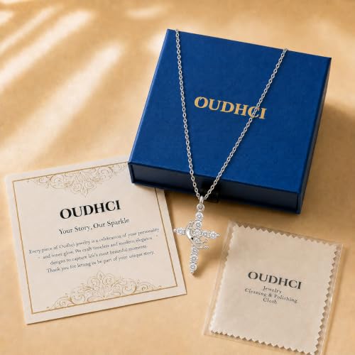 Cross Necklace for Women, Gold Plated Round Pendant with Cubic Zirconia - color: White Gold