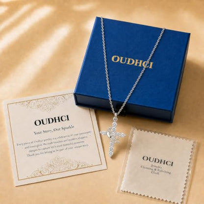 Cross Necklace for Women, Gold Plated Round Pendant with Cubic Zirconia - color: White Gold