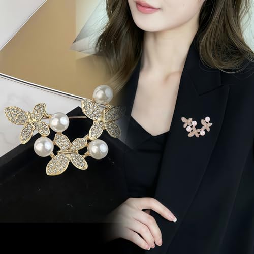 2pcs Rhinestone Brooch Pin for Women Dress Elegant Stylish Crystal Brooches Fashion Accessories Pins Lapel Boutonniere Ideas Wedding Christmas Birthday Jewelry Easter Gift - color: 02 Gold Pearl