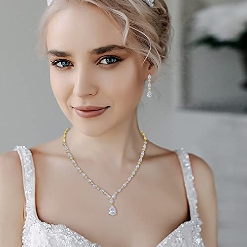 EVER FAITH Pear Shaped Cubic Zirconia Bridal Wedding Jewelry Set for Women | Gorgeous Water Drop Bride Necklace Dangle Earrings, for Bride Bridesmaid - color: Clear Gold-Plated-Brass