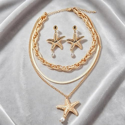 Gold Layered Stackable Starfish Earrings Necklace Sets for Women,Boho Faux Pearl Earrings Chunky Herringbone Pendant Necklace Ocean Matching Jewelry Gifts - color: Golden