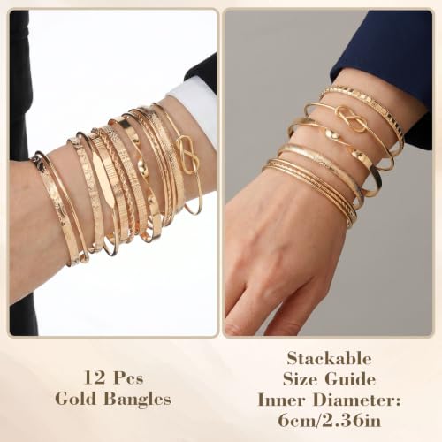 Gold Bangle Bracelets for Women, 12 Pcs Multi Layer Stackable Boho Bracelet Set 14K Gold Plated Textured Golds Bangle Bracelets Adjustable Fashion Jewelry Set