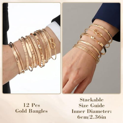 Gold Bangle Bracelets for Women, 12 Pcs Multi Layer Stackable Boho Bracelet Set 14K Gold Plated Textured Golds Bangle Bracelets Adjustable Fashion Jewelry Set