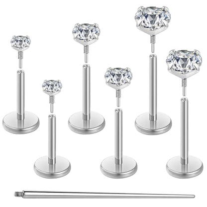Gotumo 20G 18G 16G Flat Back Earrings Stud Nose Ring Titanium Internal Thread Tragus Labret Cartilage Lip Medusa Conch Body Piercing Jewelry Nose Stud Hypoallergenic for Women Men - color: Silver, size: 18G Bar-6/7/8mm & CZ-2/3/4mm