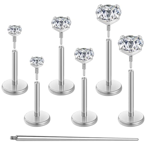 Gotumo 20G 18G 16G Flat Back Earrings Stud Nose Ring Titanium Internal Thread Tragus Labret Cartilage Lip Medusa Conch Body Piercing Jewelry Nose Stud Hypoallergenic for Women Men - color: Silver, size: 20G Bar-6/7/8mm & CZ-2/3/4mm