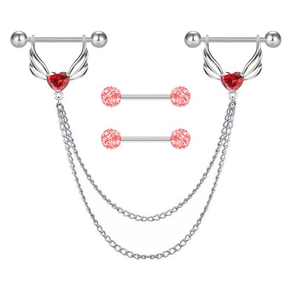 VERAMI 14G 316L Double Chain Connecting Heart CZ Nipple Rings Stainless Steel Skull Angel Piercing Barbell Body Pierced Jewelry for Women - color: Red CZ