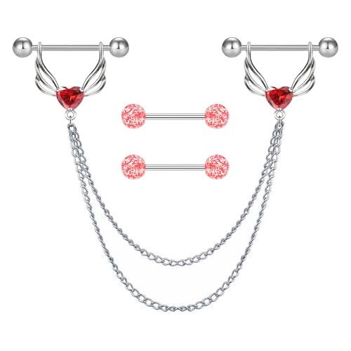 VERAMI 14G 316L Double Chain Connecting Heart CZ Nipple Rings Stainless Steel Skull Angel Piercing Barbell Body Pierced Jewelry for Women - color: Red CZ