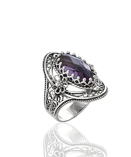 Filigranist 925 Sterling Silver Handcrafted Filigree Art Flower Pattern Woman Oval Statement Ring, Gift Boxed - color: Amethyst