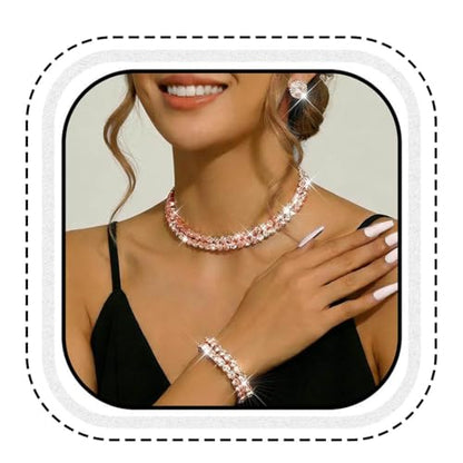 Silver Jewelry Set Rhinestone Necklace Earrings Bracelet Sets Wedding Prom Formal Jewelry for Women and Brides - color: Rose Gold
