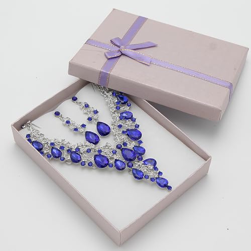 Bridal Bridesmaid Austrian Crystal Jewelry Set, Floarl rhinestone Statement Neckace Teardrop Necklace Drop Dangle Earrings Set - color: Royal Blue -Silver Tone